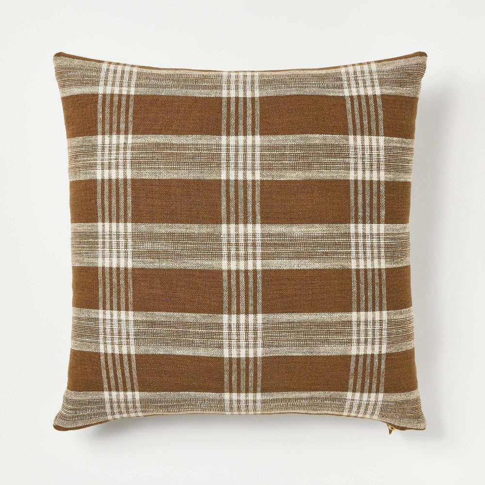 Woven Plaid Square Throw Pillow with Zipper Pull Brown - Threshold™ designed with Studio McGee