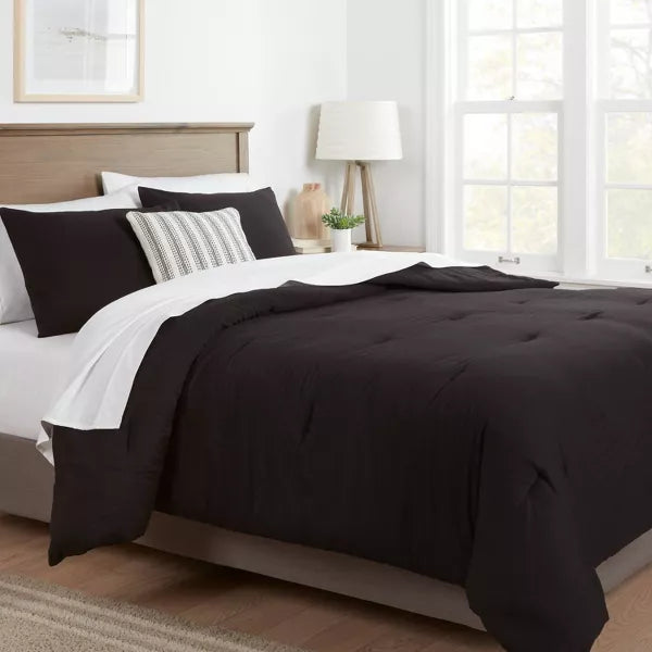 Full/Queen Washed Cotton Sateen Comforter and Sham Set Black - Threshold