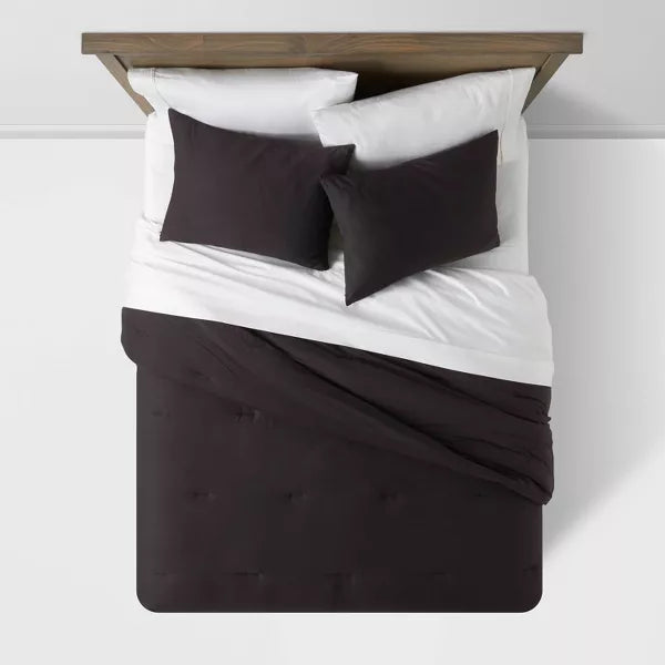 Full/Queen Washed Cotton Sateen Comforter and Sham Set Black - Threshold