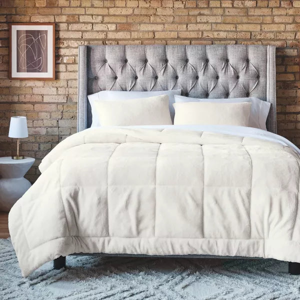 Full/Queen Box Stitch Faux Fur Comforter and Sham Set Ivory - Threshold