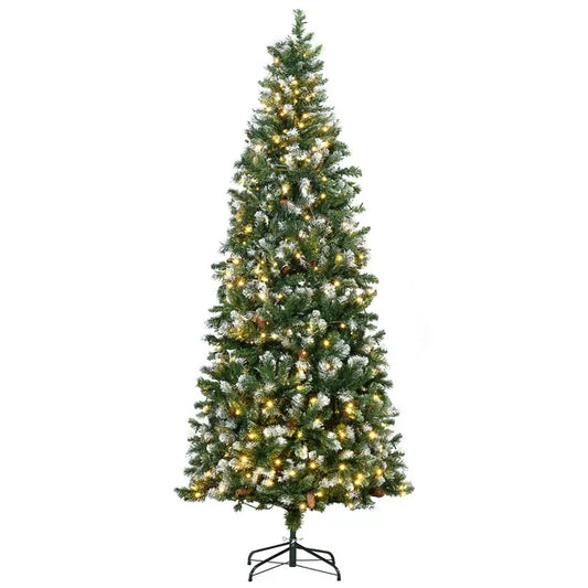 7.5' Decorated Christmas Trees, Skinny Prelit Artificial Christmas Tree with Snow-dipped Branches, Auto Open, Pinecones, Green