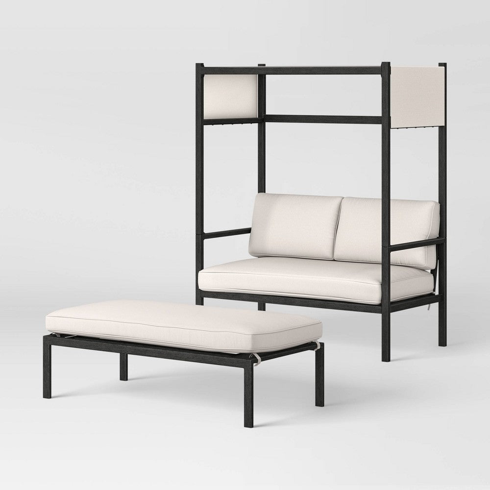 2pc Ryegate 4' Outdoor Mini Patio Lounge Set Daybed with Ottoman Weathered Teak - Threshold™: Steel Frame, Rust-Resistant