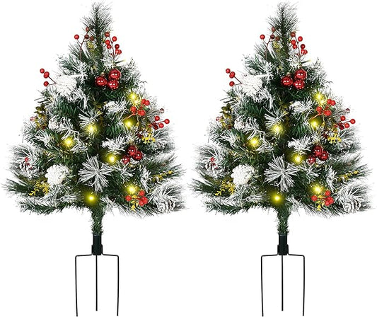 2 Foot/23 inch 2 Pack Pre-lit Artificial Christmas Tree Cordless with 70 Branches, Battery Powered Warm-Toned White LED Lights, Red Berries, Pine Cones, Balls for Outdoor Entryway