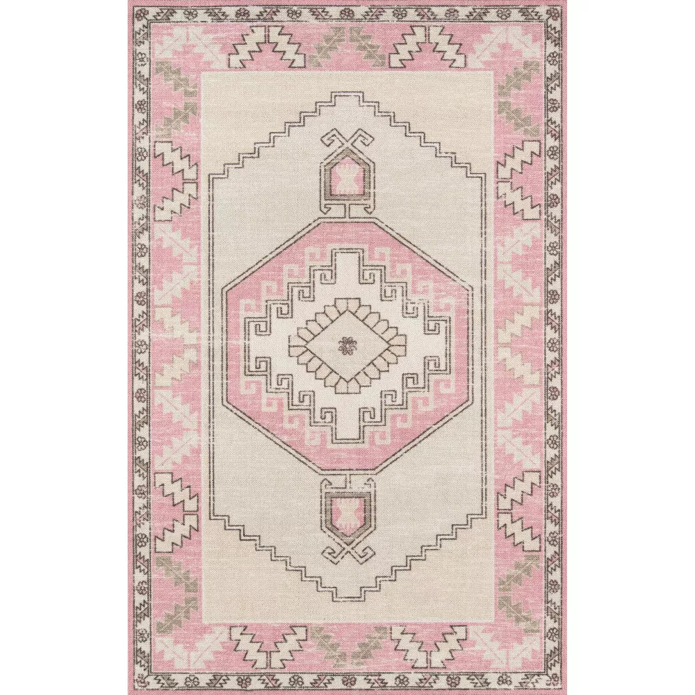 6'6"x9' Anatolia Rylee Medallion Machine Loomed Area Rug Pink: Wool & Nylon, Low Pile, Classic Pattern, Indoor Use