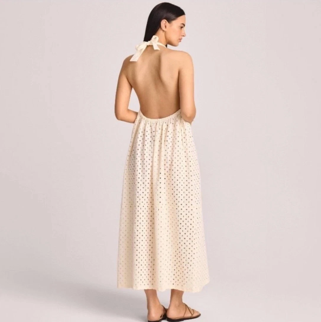 XS Vitamin A Cream Eyelet Design Halter Top Maxi Cover Up Swim Dress