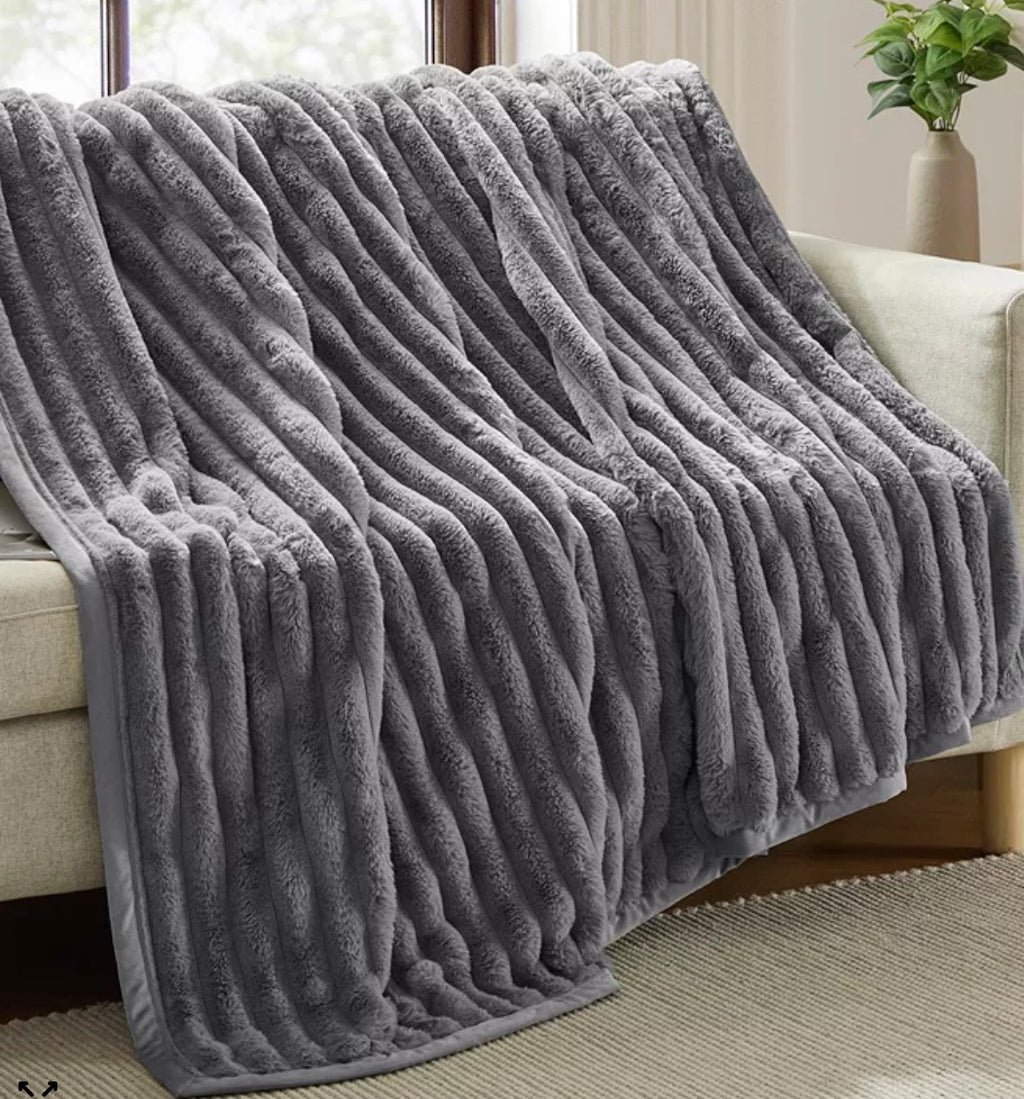 Nestl Ultra Plush Raschel Mink Blank Ribbed Gray QueenKing