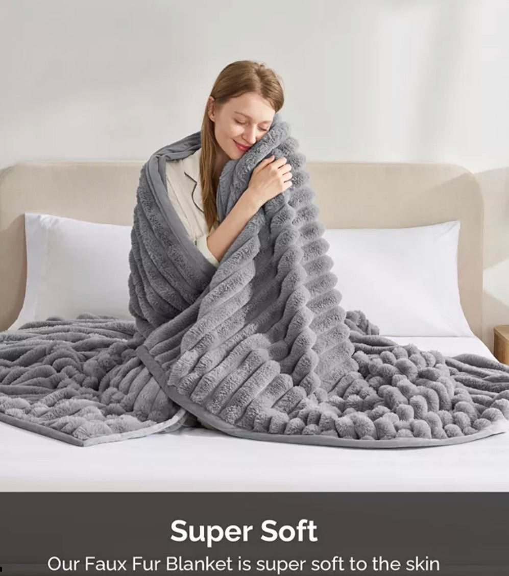 Nestl Ultra Plush Raschel Mink Blank Ribbed Gray QueenKing