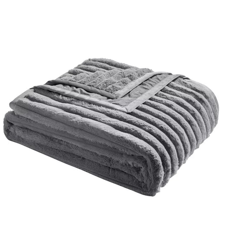 Nestl Ultra Plush Raschel Mink Blank Ribbed Gray QueenKing