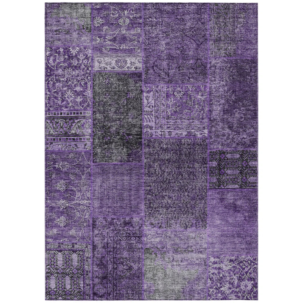 5 x 8 Eggplant Purple And Charcoal Patchwork Washable Indoor Outdoor Area Rug