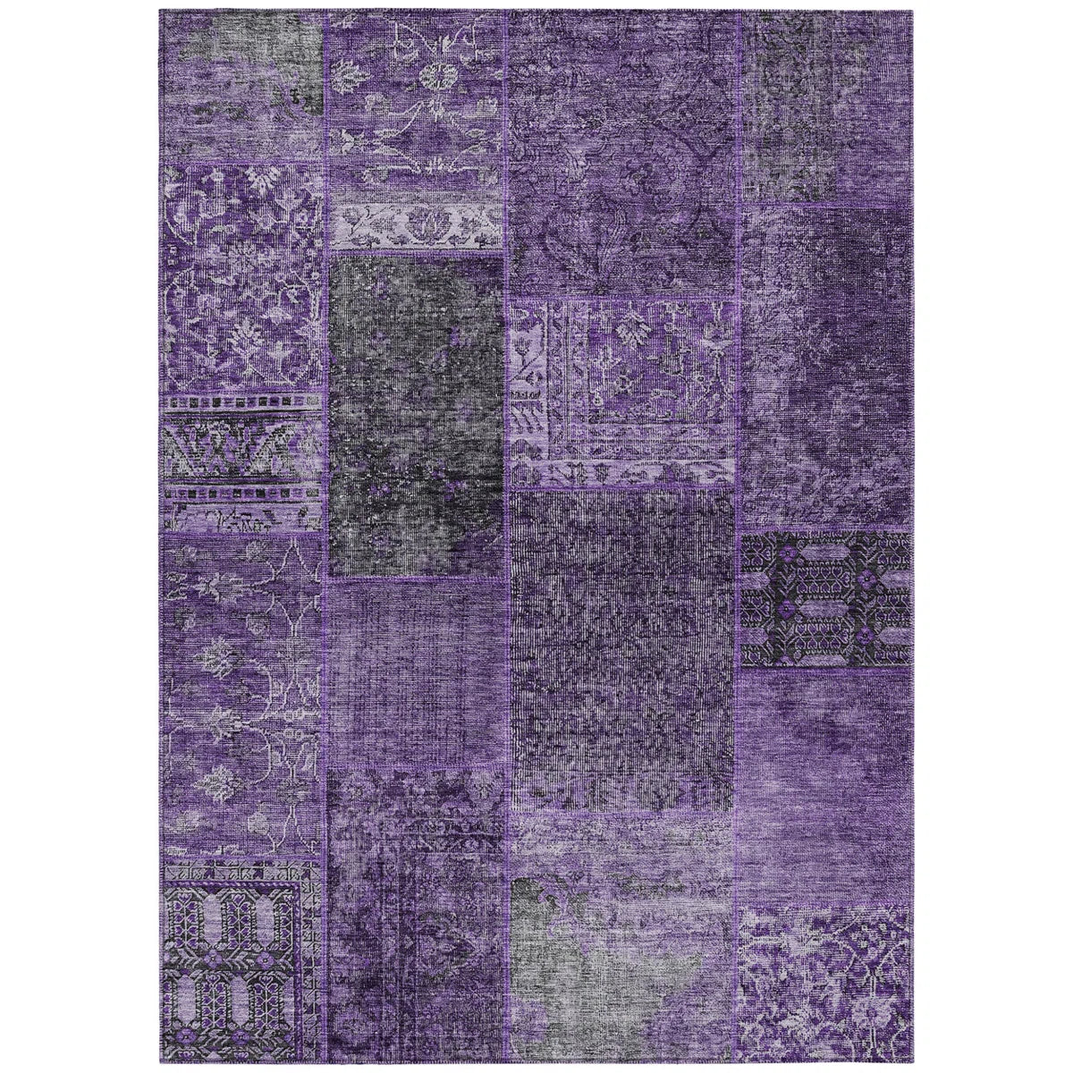 5 x 8 Eggplant Purple And Charcoal Patchwork Washable Indoor Outdoor Area Rug