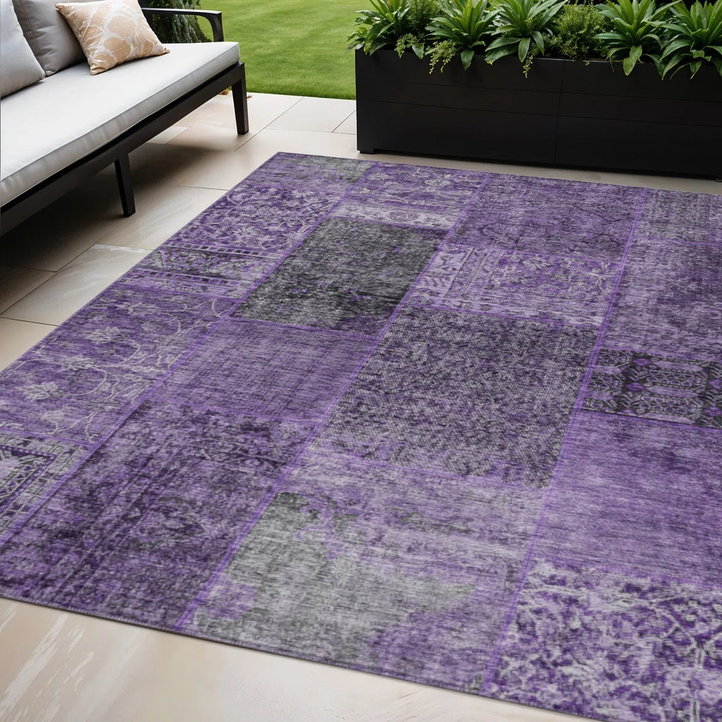 5 x 8 Eggplant Purple And Charcoal Patchwork Washable Indoor Outdoor Area Rug