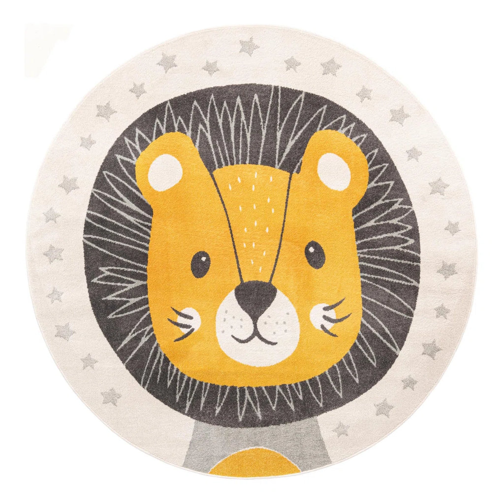 7 x 10 Round - Whimsy Friendly Lion Yellow/Grey/Ivory Kid Rug