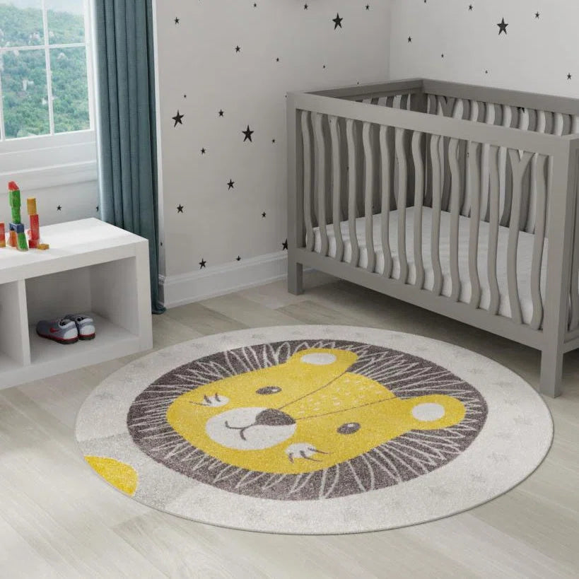 7 x 10 Round - Whimsy Friendly Lion Yellow/Grey/Ivory Kid Rug