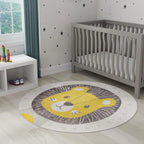 7 x 10 Round - Whimsy Friendly Lion Yellow/Grey/Ivory Kid Rug