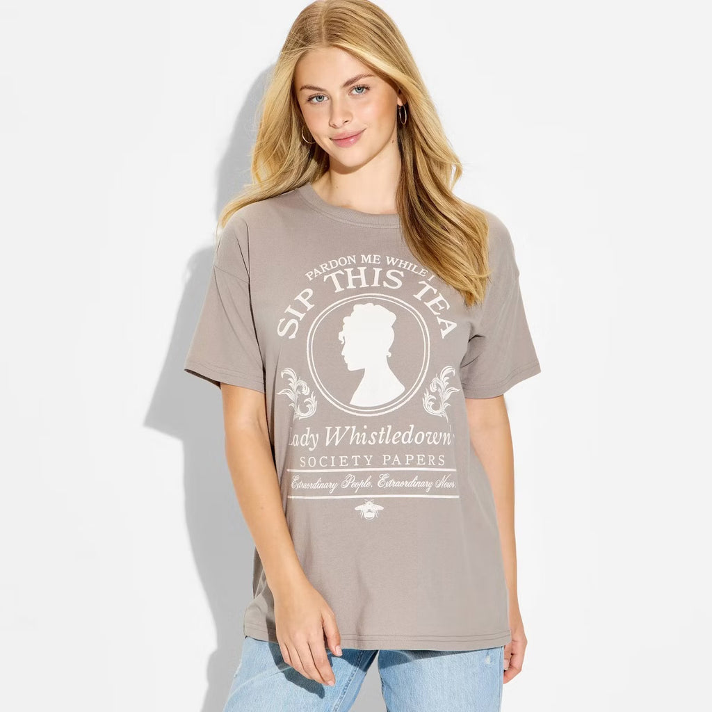 Women's Bridgerton Lady Whistledown Oversized Short Sleeve Graphic T-Shirt - Taupe S