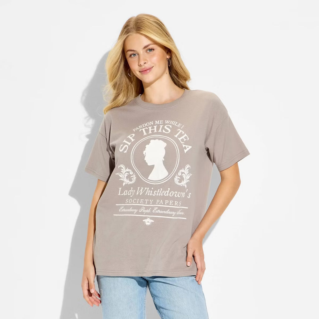 Women's Bridgerton Lady Whistledown Oversized Short Sleeve Graphic T-Shirt - Taupe S