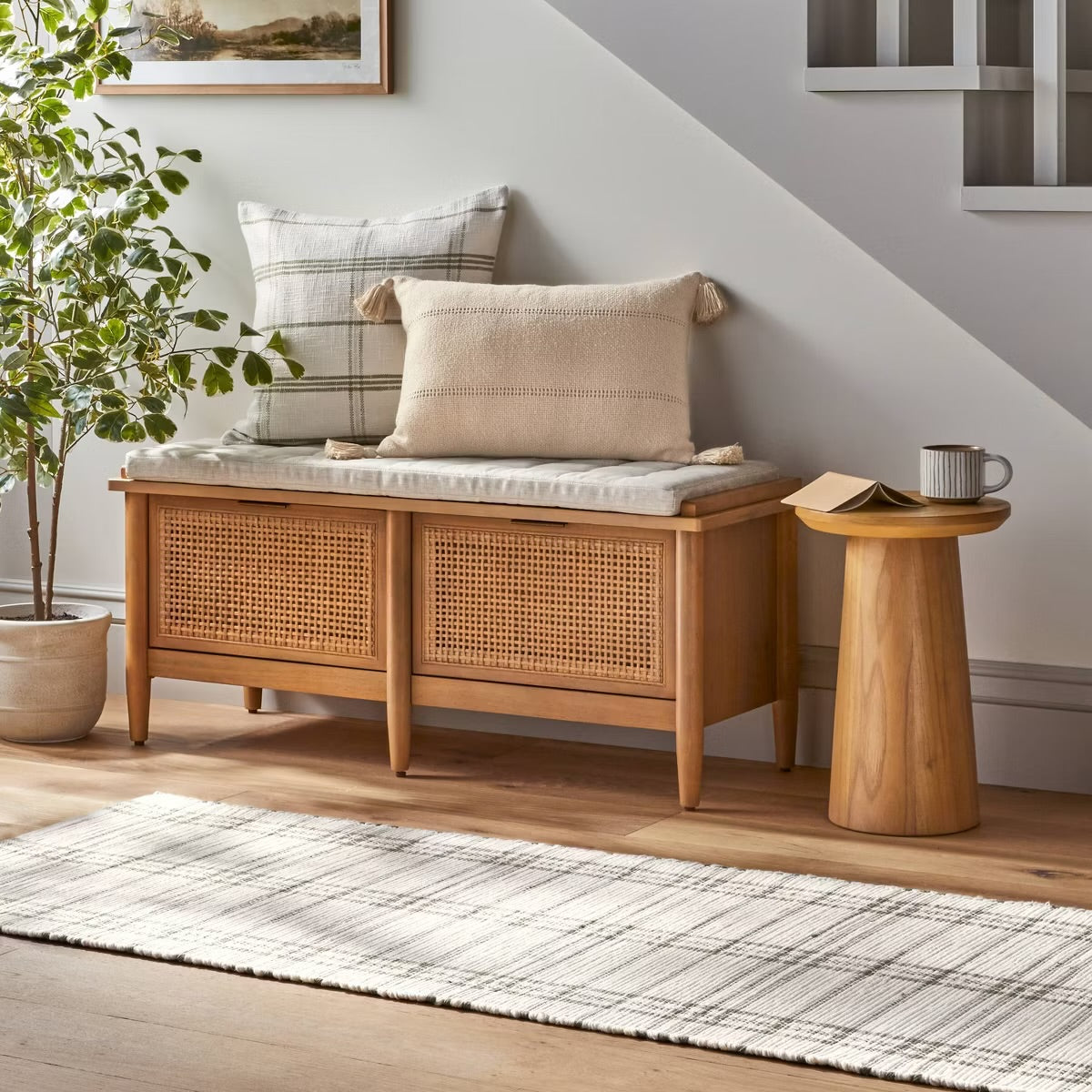 14"x20" Hem Stitch Stripe Lumbar Throw Pillow with Tassels Tan - Hearth & Hand