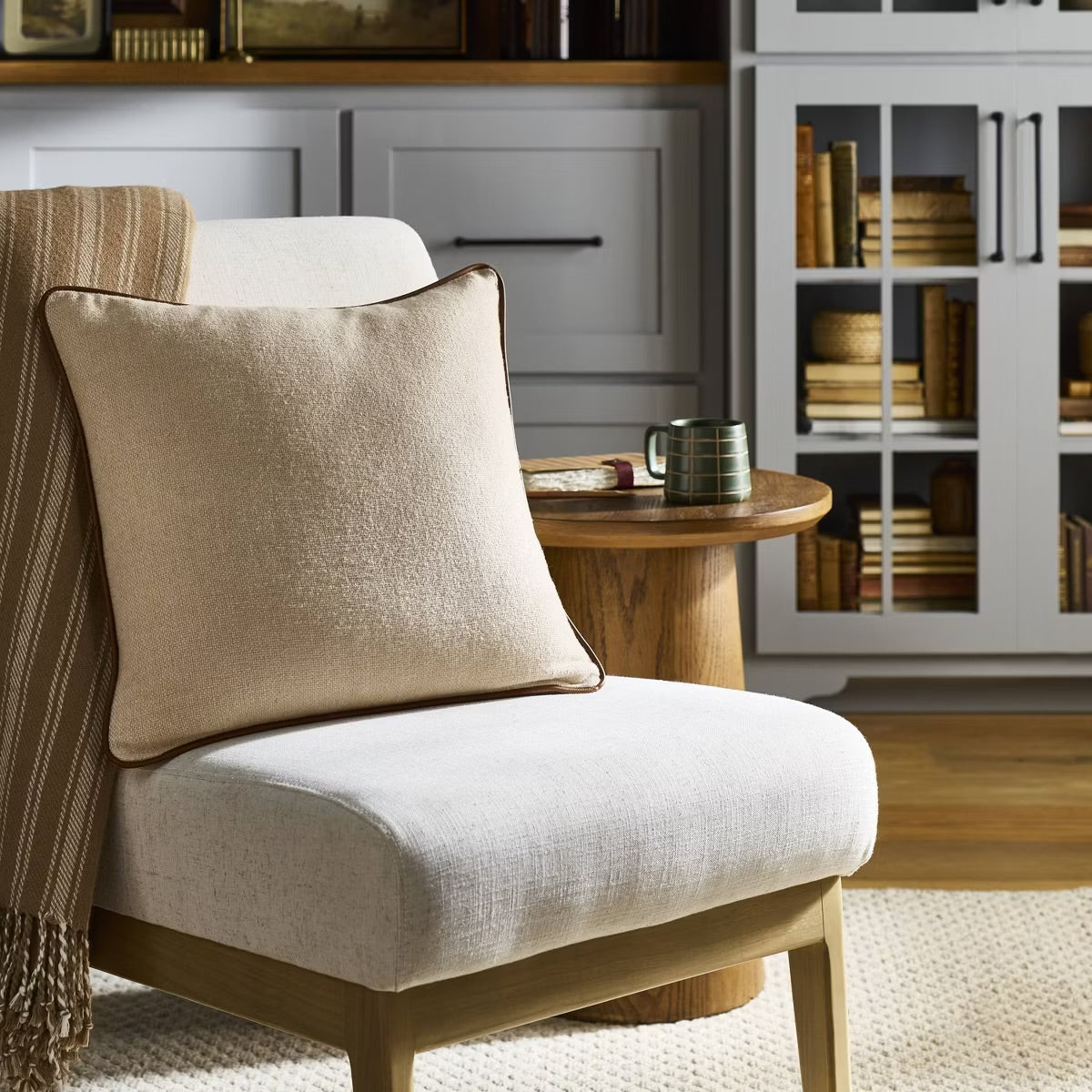 18"x18" Solid Chambray with Faux Leather Trim Square Throw Pillow