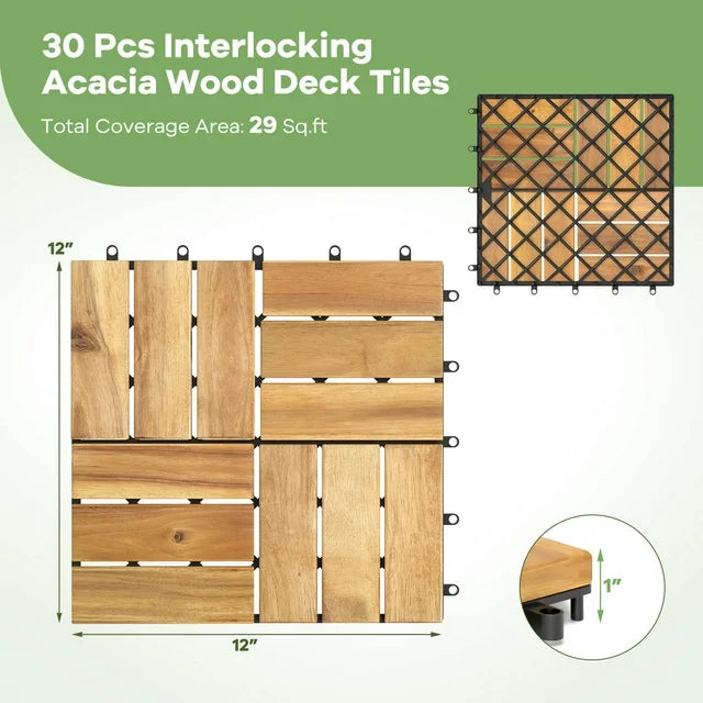 Pack of 30 Acacia Wood Interlocking Deck Tiles