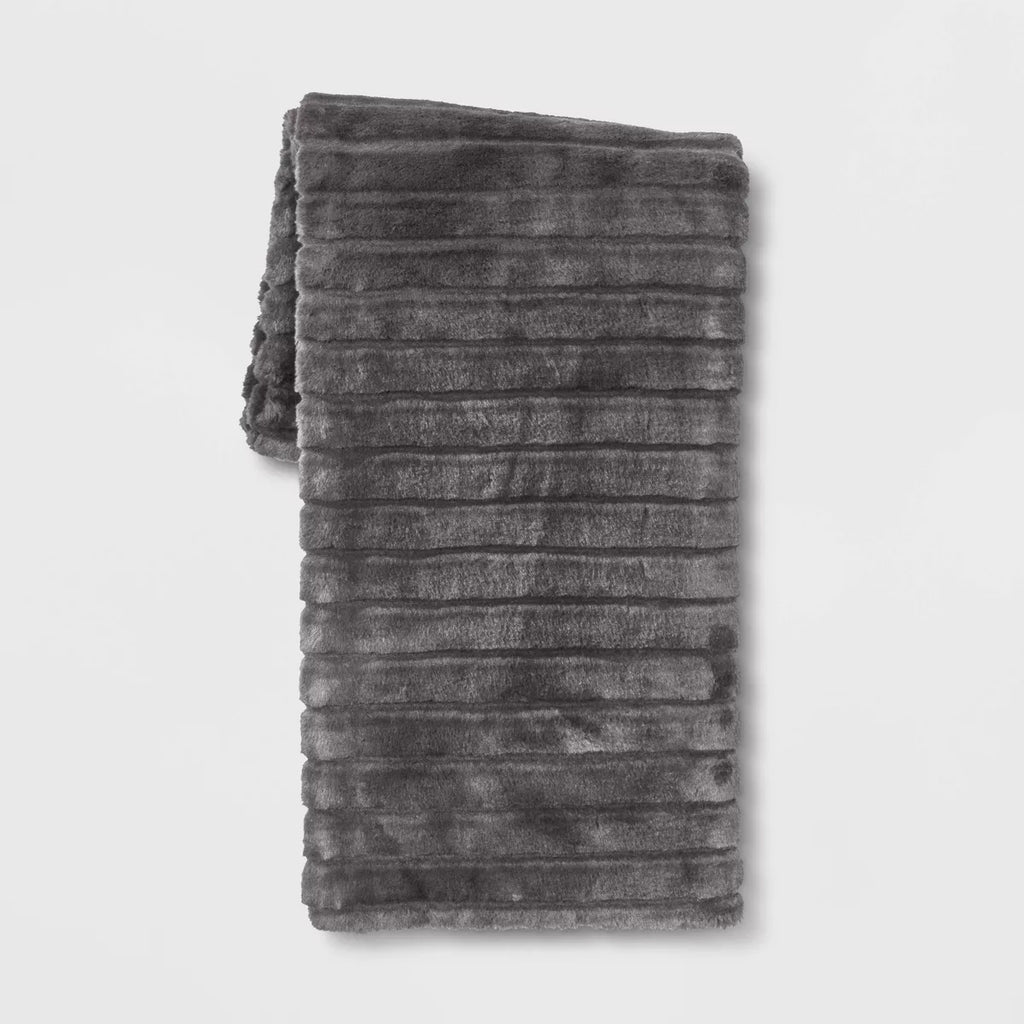 Textured Faux Fur Reversible Throw Blanket Gray - Threshold