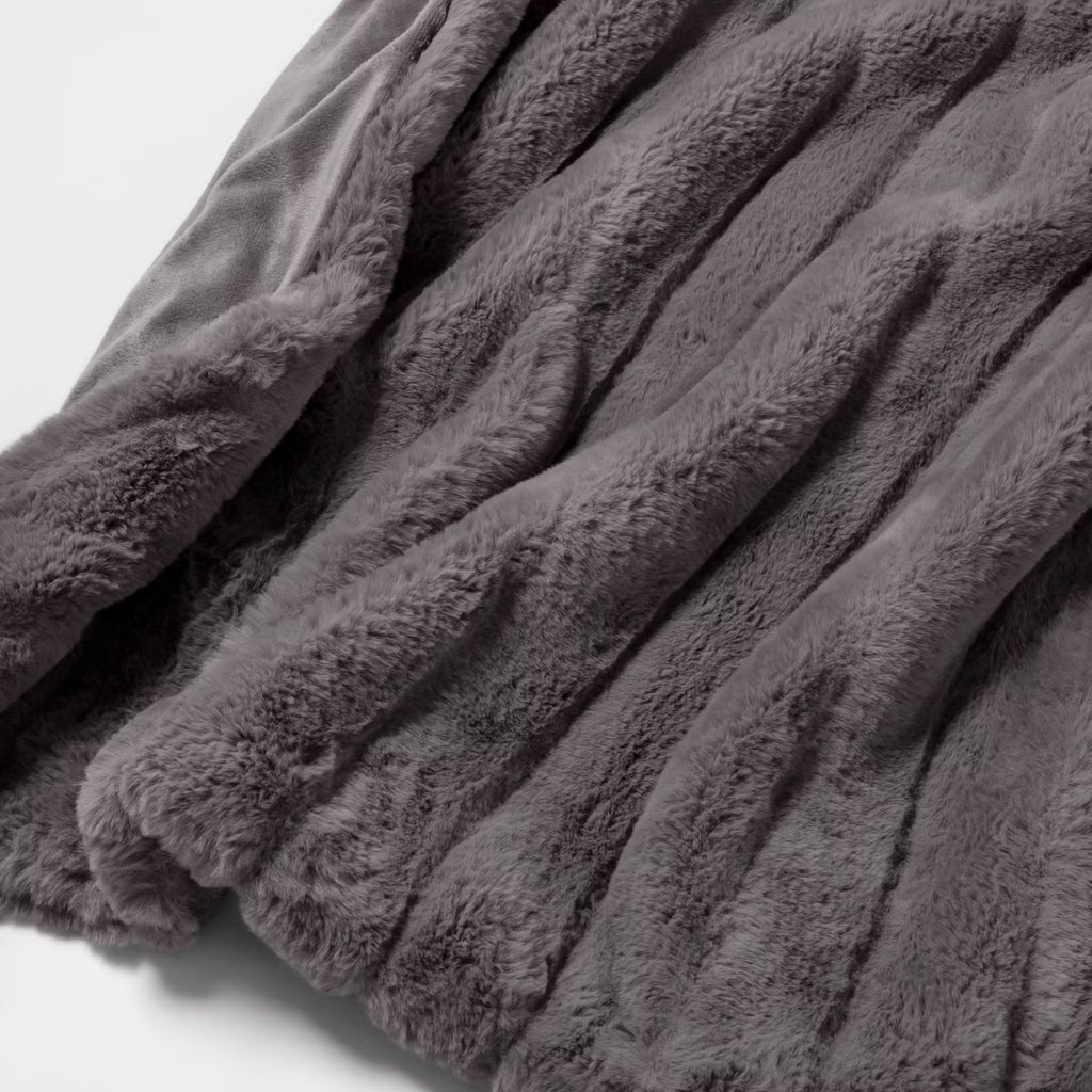 Textured Faux Fur Reversible Throw Blanket Gray - Threshold