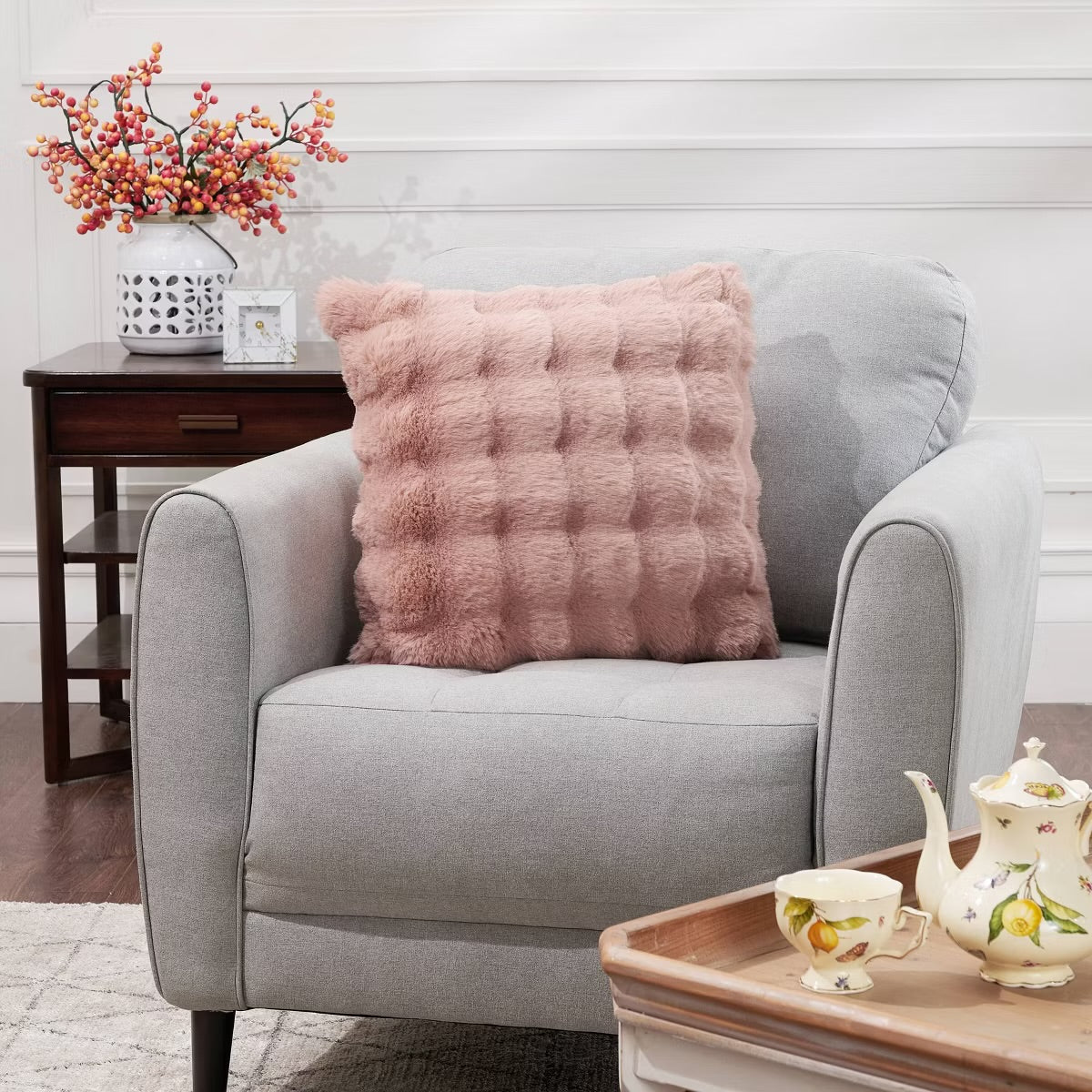 20" Bubble Faux Fur Square Indoor Throw Pillow Blush