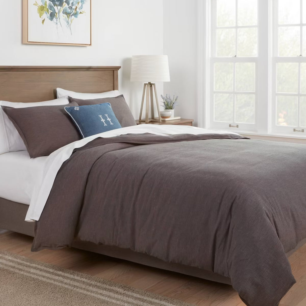 3pc Full/Queen Space Dyed Cotton Linen Duvet Cover & Sham Set Dark Gray - Threshold