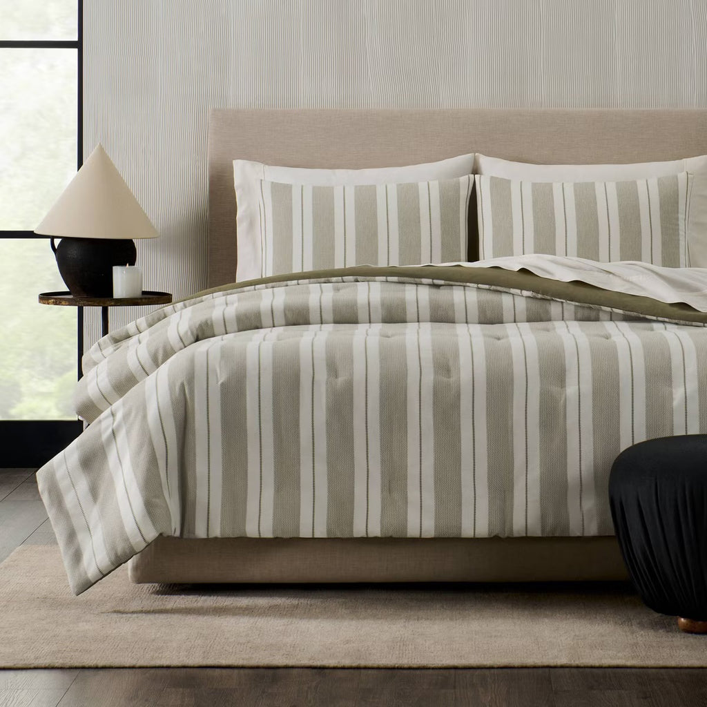 Full/Queen Jeremiah Brent Home 3pcTextured Stripe Cotton Comforter Set Green