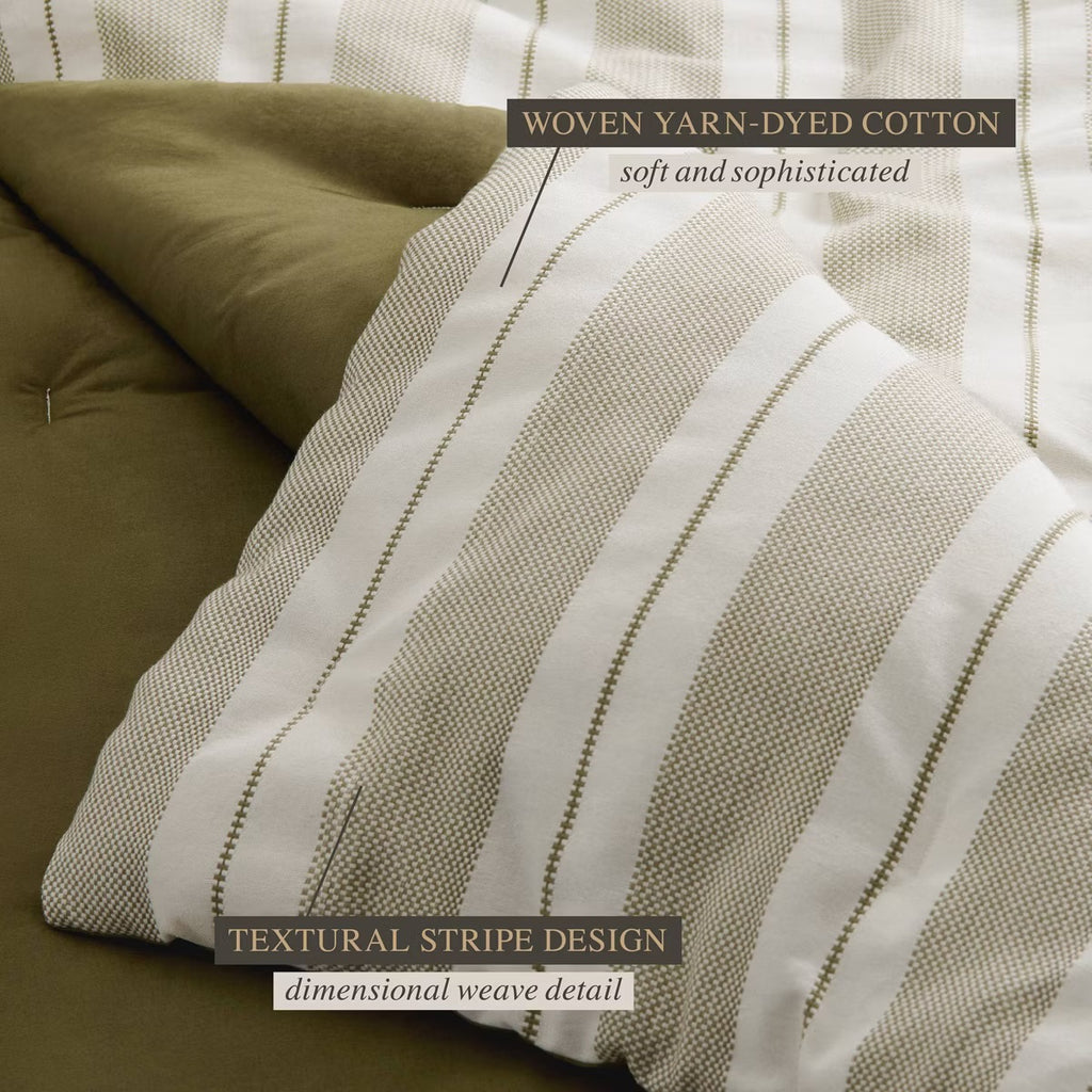 Full/Queen Jeremiah Brent Home 3pcTextured Stripe Cotton Comforter Set Green