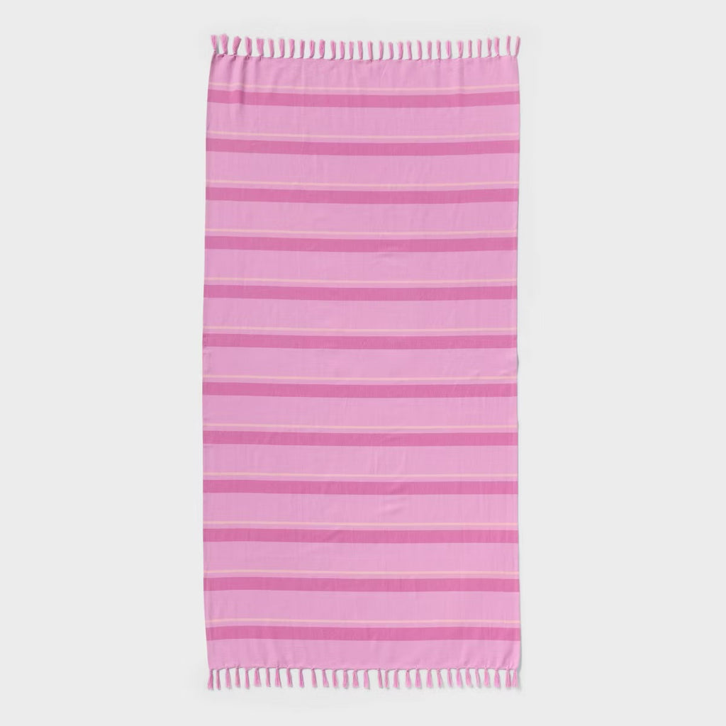 36"x72" Jacquard Lightweight Striped Oversized Beach Towel with Knotted Fringe Pink - Room Essentials