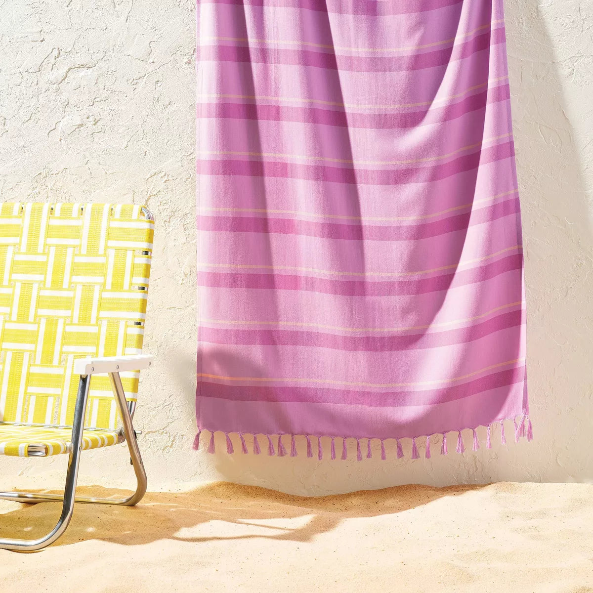 36"x72" Jacquard Lightweight Striped Oversized Beach Towel with Knotted Fringe Pink - Room Essentials