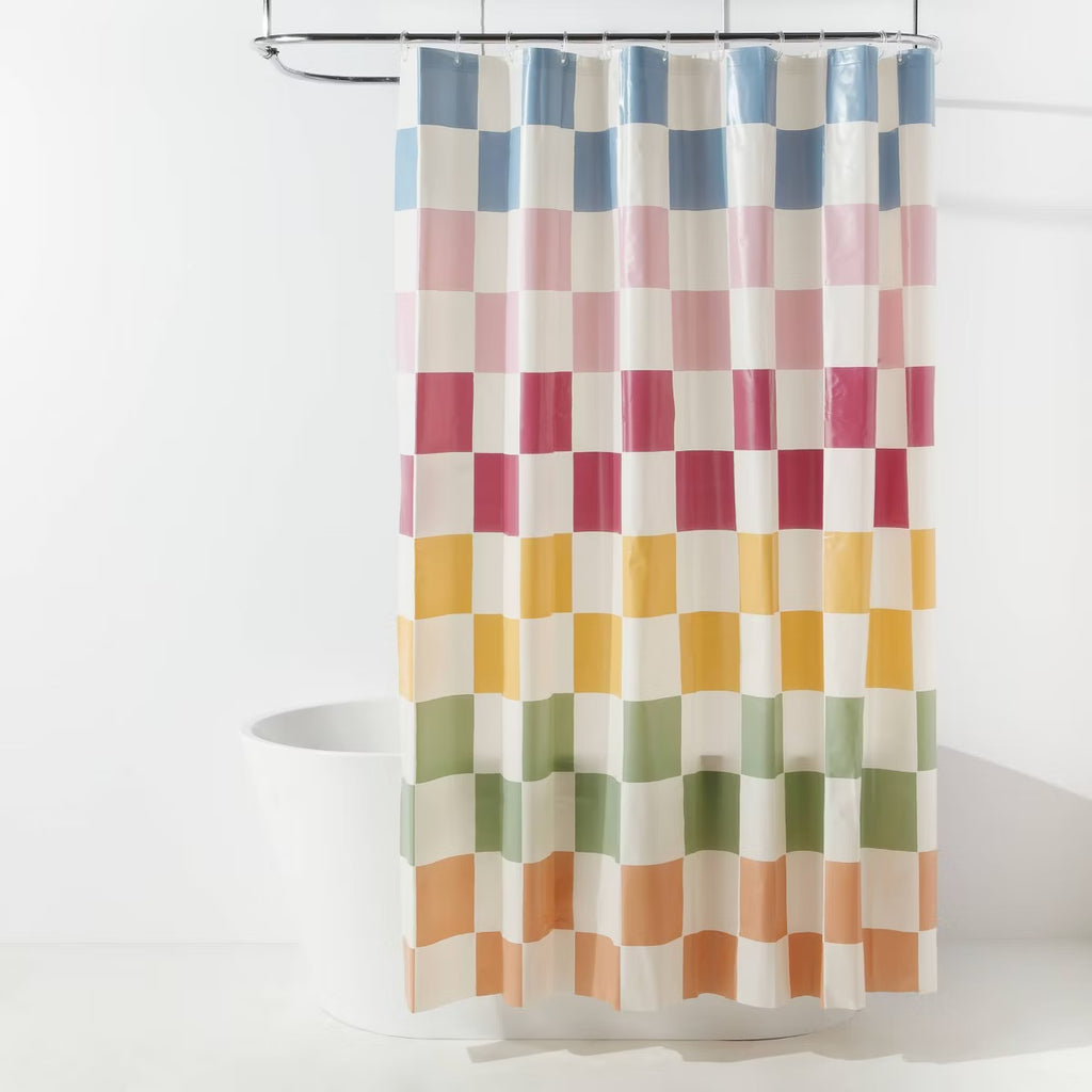 13pc PEVA Checkerboard Shower Curtain and Rings Set Multi - Room Essentials