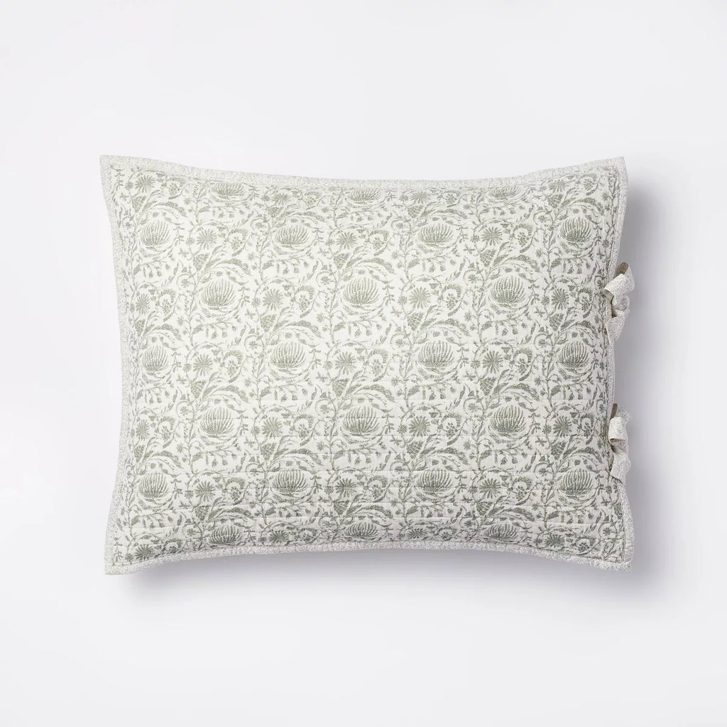 King Decorative Border Cotton Slub Print Quilt Sham Light Teal Green