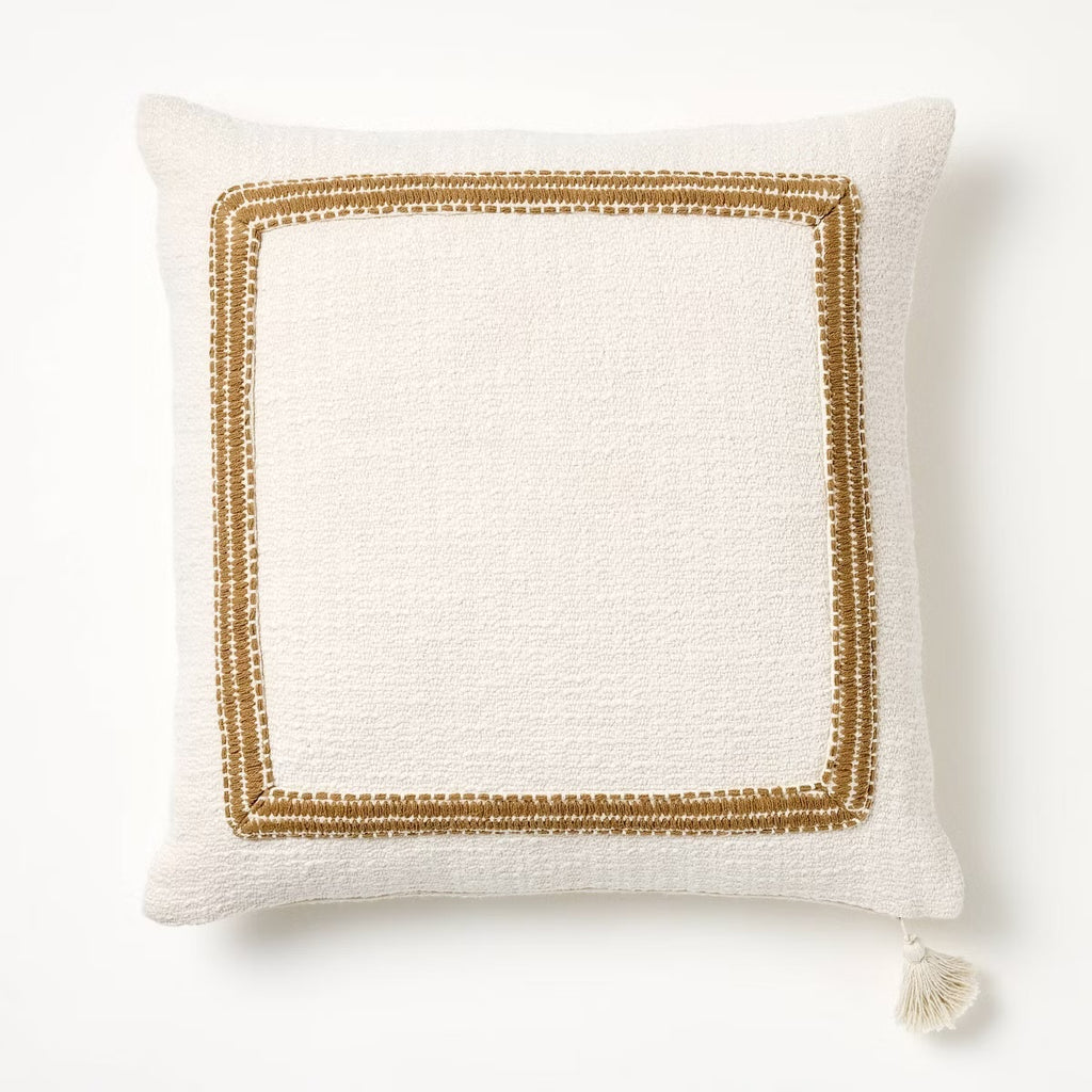 Embroidered Frame Square Throw Pillow Cream/Dark Tan - Threshold designed with Studio McGee