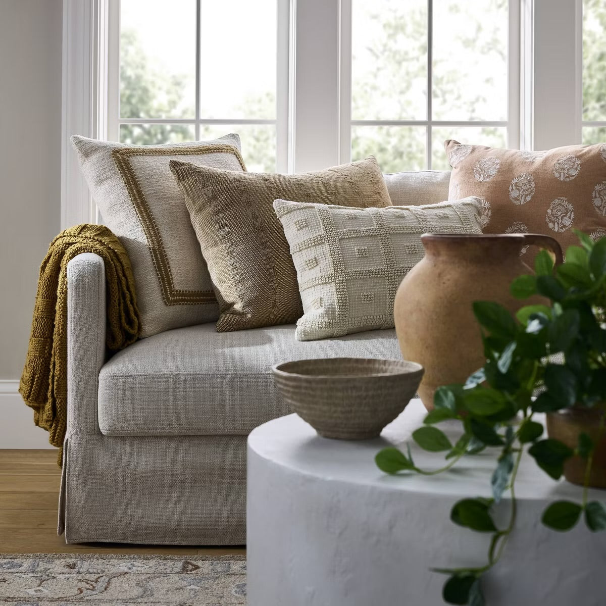 Embroidered Frame Square Throw Pillow Cream/Dark Tan - Threshold designed with Studio McGee