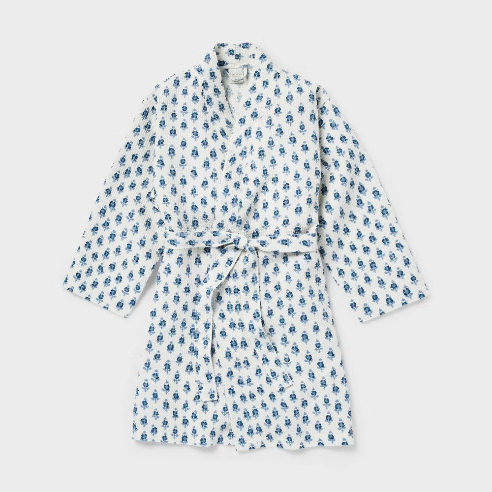 L/XL Floral Waffle Bath Robe Blue/White - Threshold