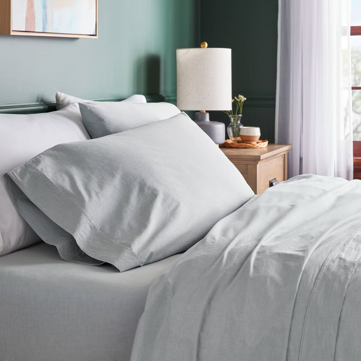 *Queen 250 Thread Count Organic Percale Sheet Set Blue Chambray