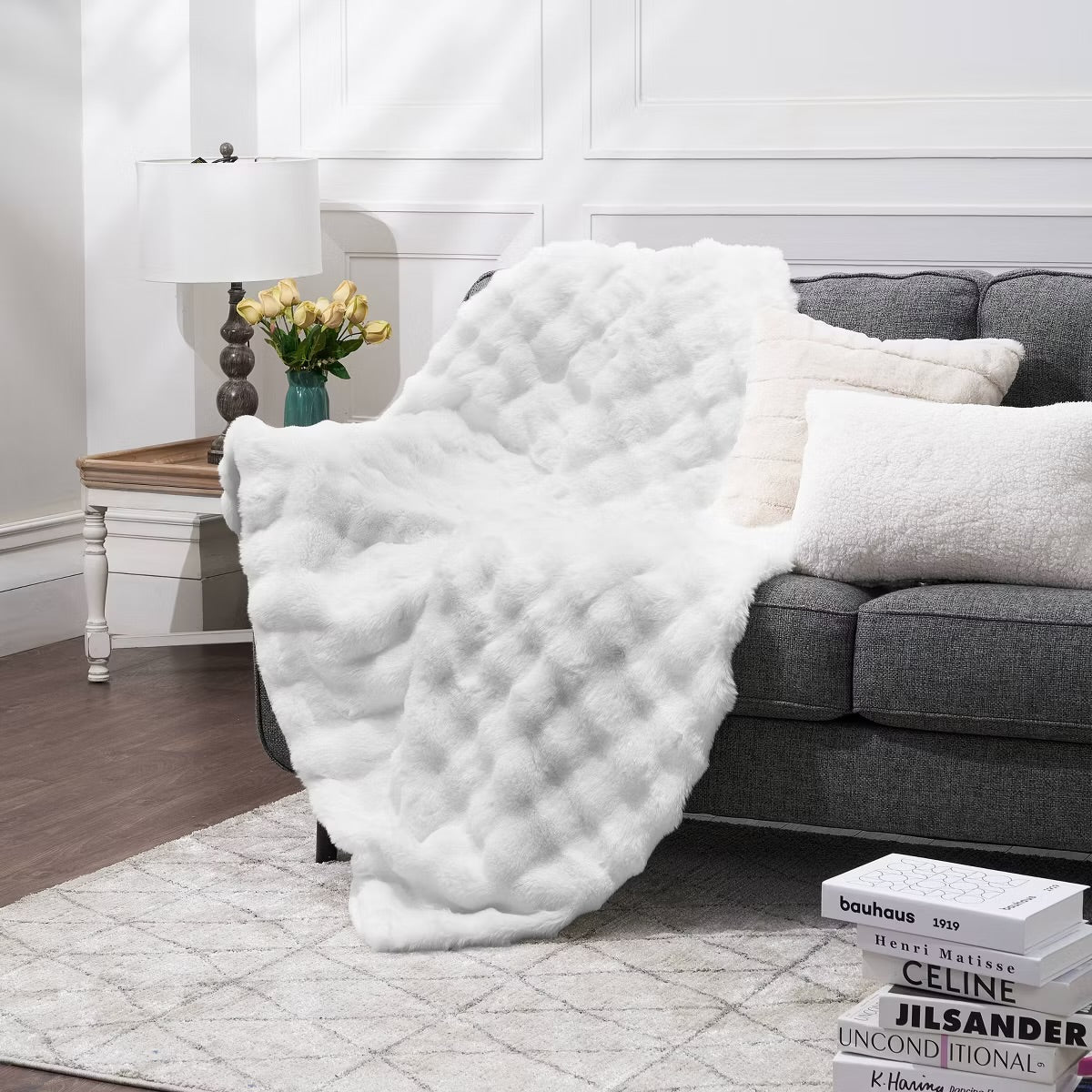 Bubble Faux Fur Throw Blanket Ivory