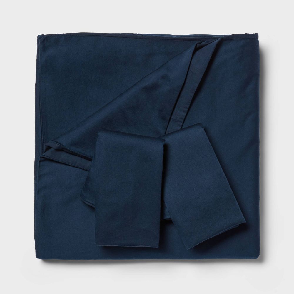 Full/Queen Washed Cotton Sateen Duvet Cover and Sham Set Dark Navy