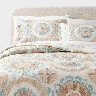 Full/Queen Suzani Print Duvet Cover and Sham Set Ivory/Light Teal Blue - Threshold