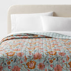 Full/Queen Earthy Vines Quilt Light Teal Blue/Mustard Yellow/Light Pink Floral - Threshold