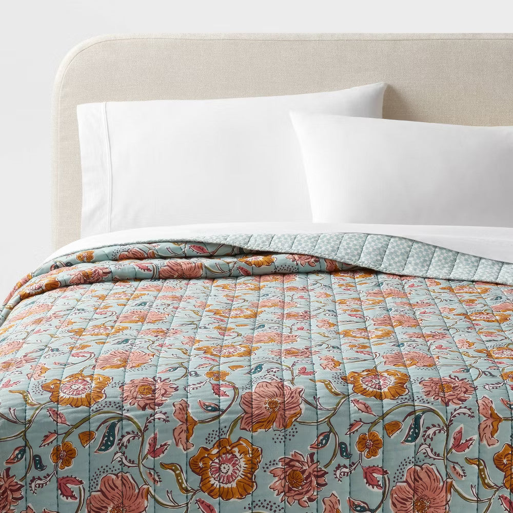 Full/Queen Earthy Vines Quilt Light Teal Blue/Mustard Yellow/Light Pink Floral - Threshold