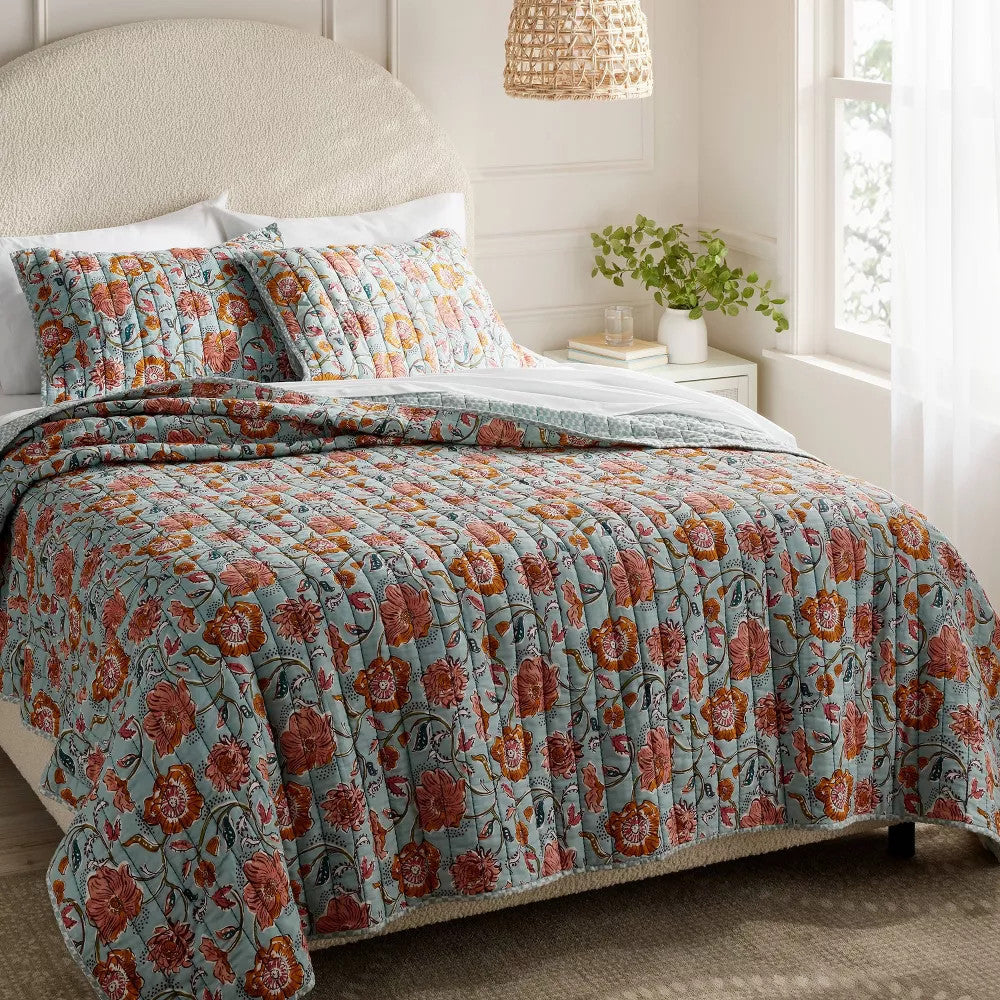 Full/Queen Earthy Vines Quilt Light Teal Blue/Mustard Yellow/Light Pink Floral - Threshold