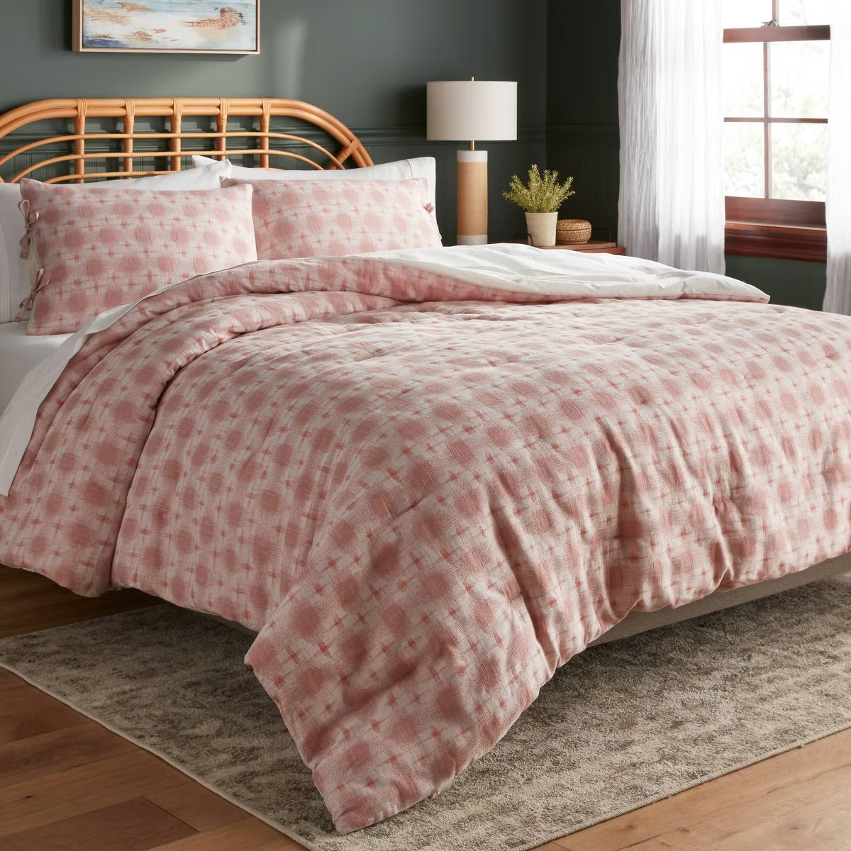 Full/Queen 3pc Yarn Dye Ikat Comforter and Sham Set Ivory/Mauve