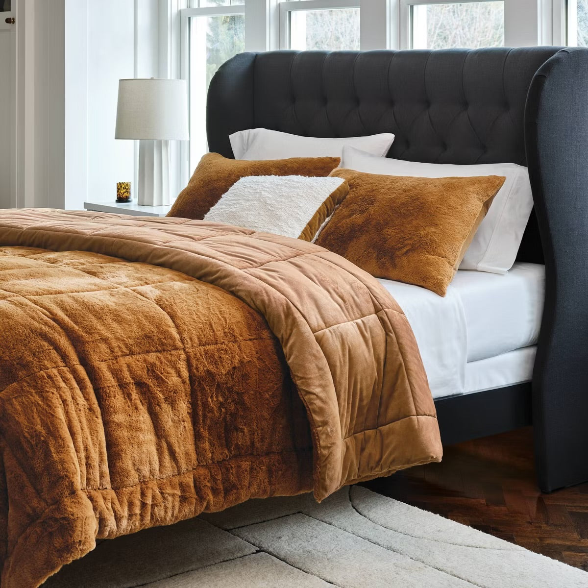 Full/Queen Box Stitch Faux Fur Comforter and Sham Set Caramel - Threshold