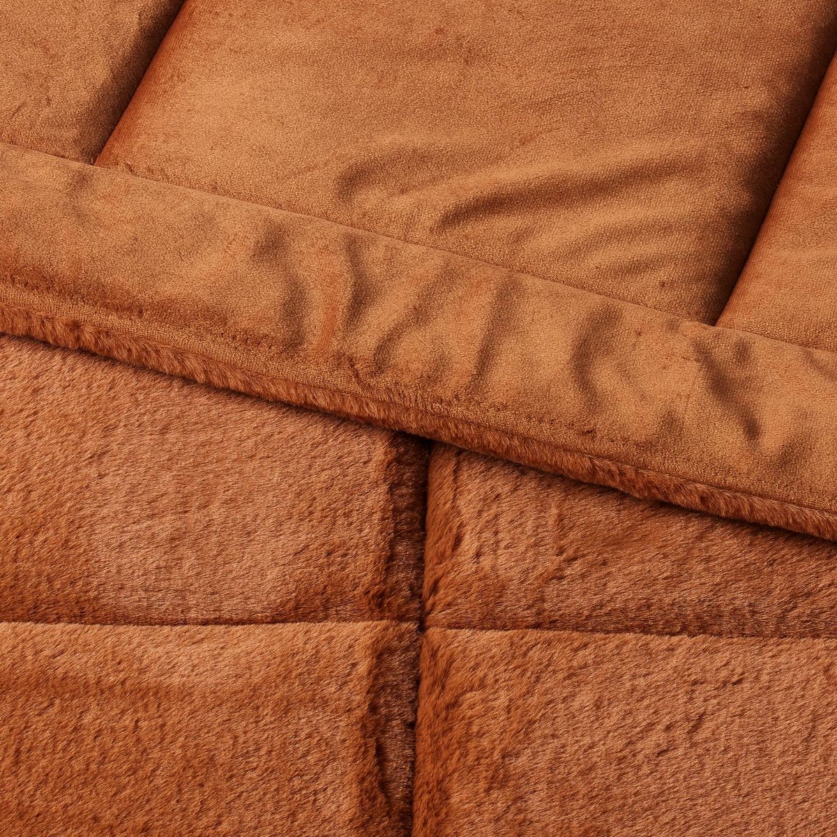 Full/Queen Box Stitch Faux Fur Comforter and Sham Set Caramel - Threshold