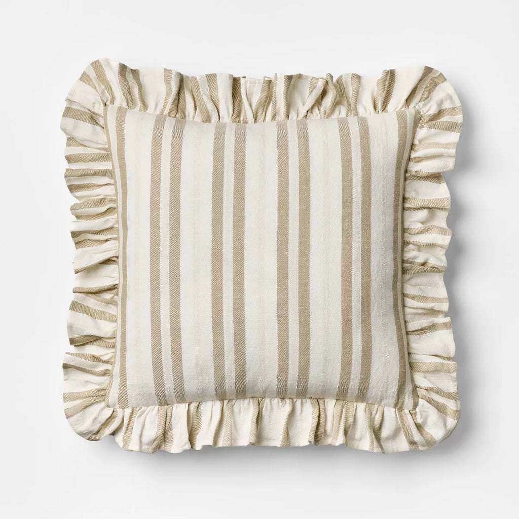 Square Woven Stripe Throw Pillow with Ruffle Taupe/Ivory - Threshold designed with Studio McGee