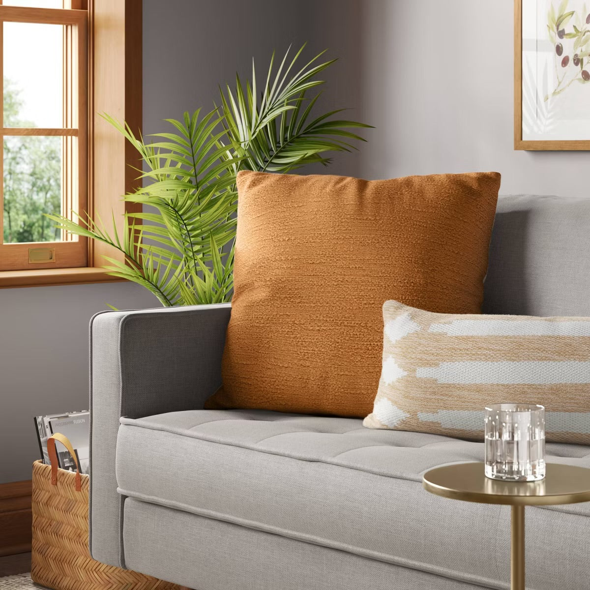 Oversized Square Cotton Boucle Reversible Throw Pillow with Linen Caramel - Threshold