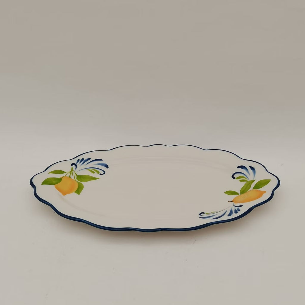 Muchoise 15.75" Ceramic Oval Serving Tray White/Blue Edge