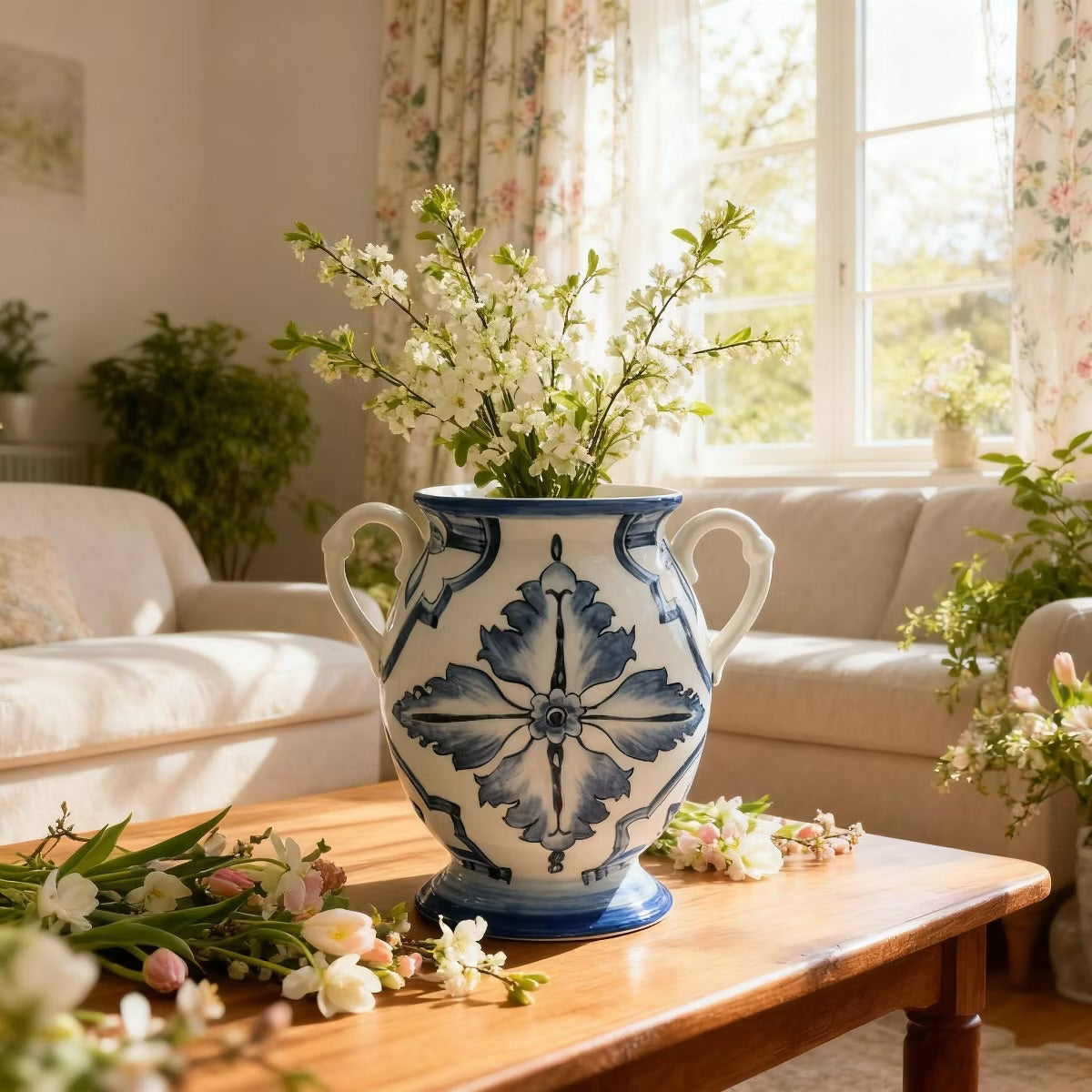 Muchoise Ceramic Vase with Handles White/Blue